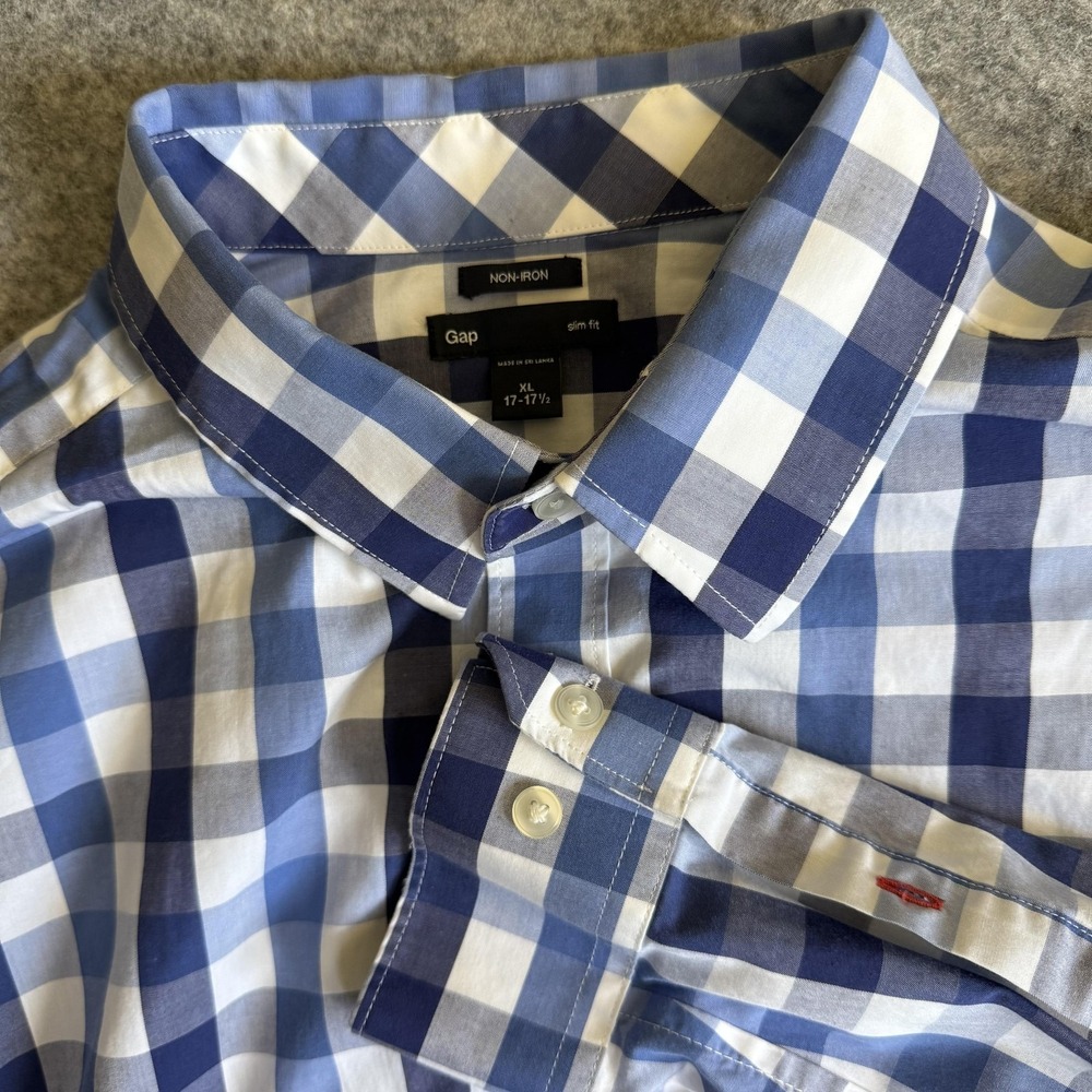 Gap Shirt Mens XL Slim Blue Gingham Check Long Sleeve Non-Iron t Button Down